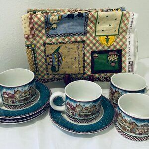 VNTG Debbie Mumm FABRIC + 8 MUGS/CUPS & SAUCERS SnowAngel Village Sakura Oneida